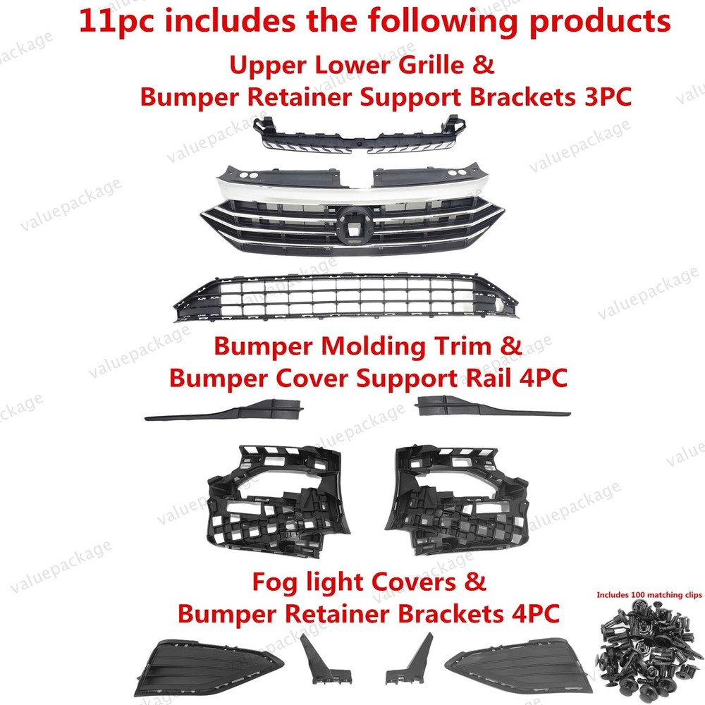 11PC For Jetta 2019-2021 Upper Lower Grille Mesh Bumper Retainer Support Bracket