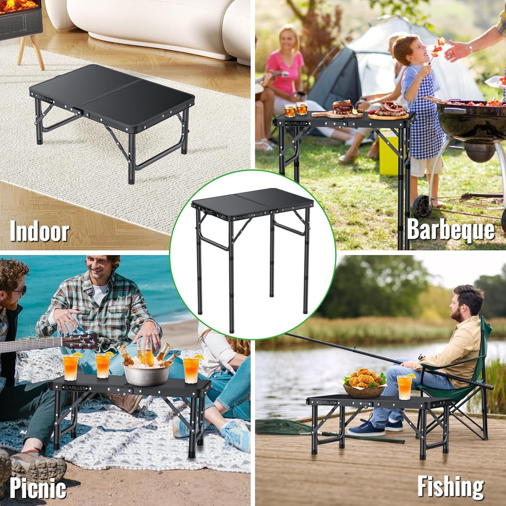 2Ft Folding Camping Table, 3 Adjustable Height Lightweight Picnic Table, Portabl