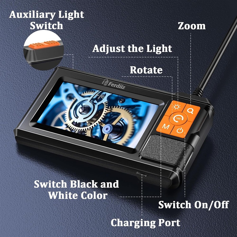 IP67 Borescope – IPS Screen, 8 LED + Back LED, 5M/10M Semi-Rigid Cable