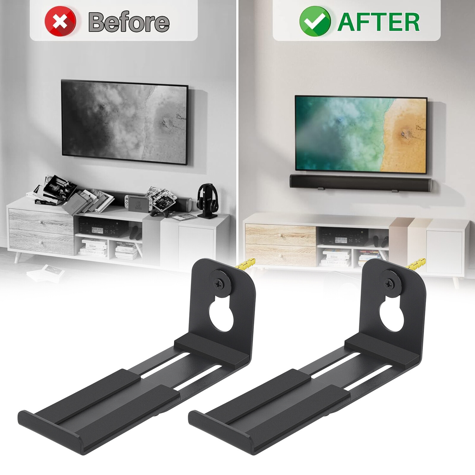 Universal Soundbar Wall Mount Bracket Speaker Shelf Mounting Above Below TV