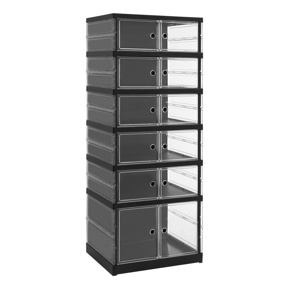 6 Tiers Shoe Storage Box Black Stackable Shoe Container Sneaker Organizer