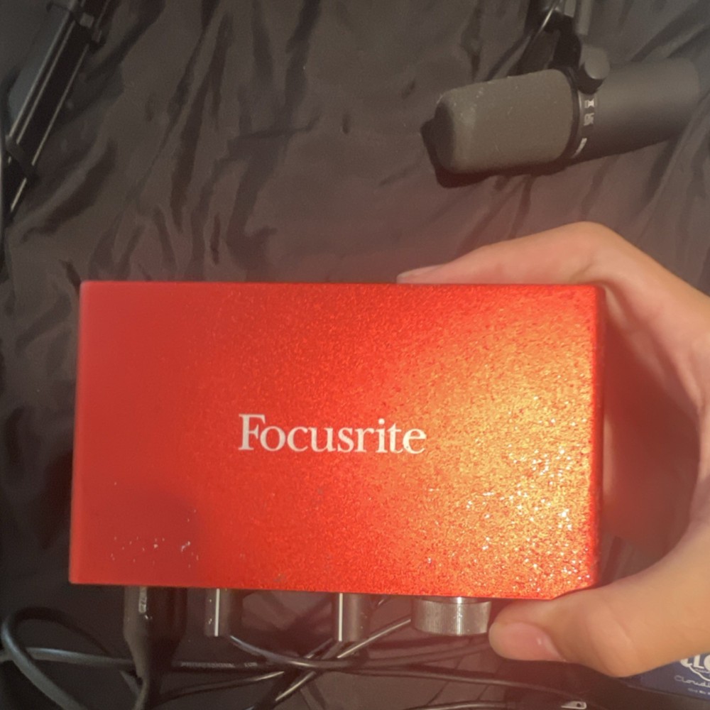 Focusrite Audio Interface, Shure Microphone, Cloudlifter CL-1, Boom Arm