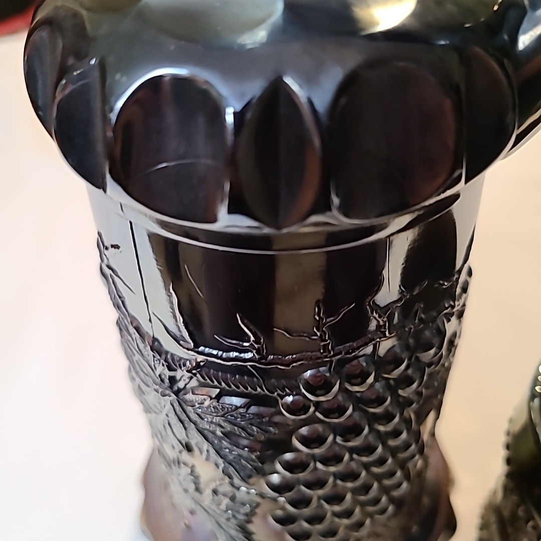 vtgNORTHWOOD CARNIVAL GLASS GRAPE & CABLE WHISKEY DECANTER & SHOT GLASS AMETHYST