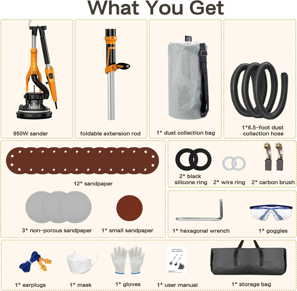 Drywall Sander with Vacuum, LED Light & 9 Speeds for Ceiling & Wall Texture
