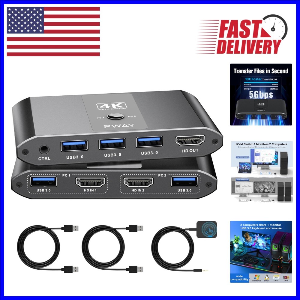 Effortless 4K@60Hz KVM Switch - Control 2 PCs with Wired Remote & 3 USB Ports