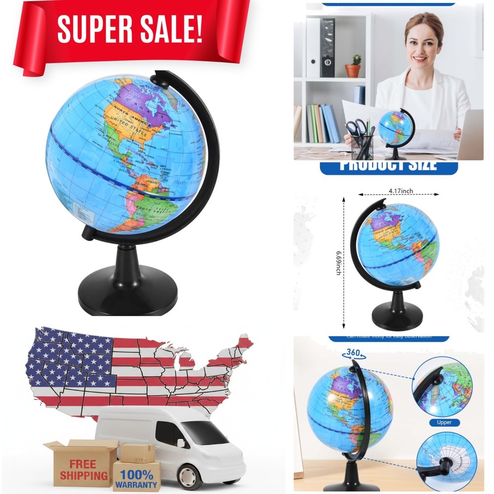 WORLD GLOBE EARTH Map Rotating Geography Ocean Classroom Learning Desktop 6