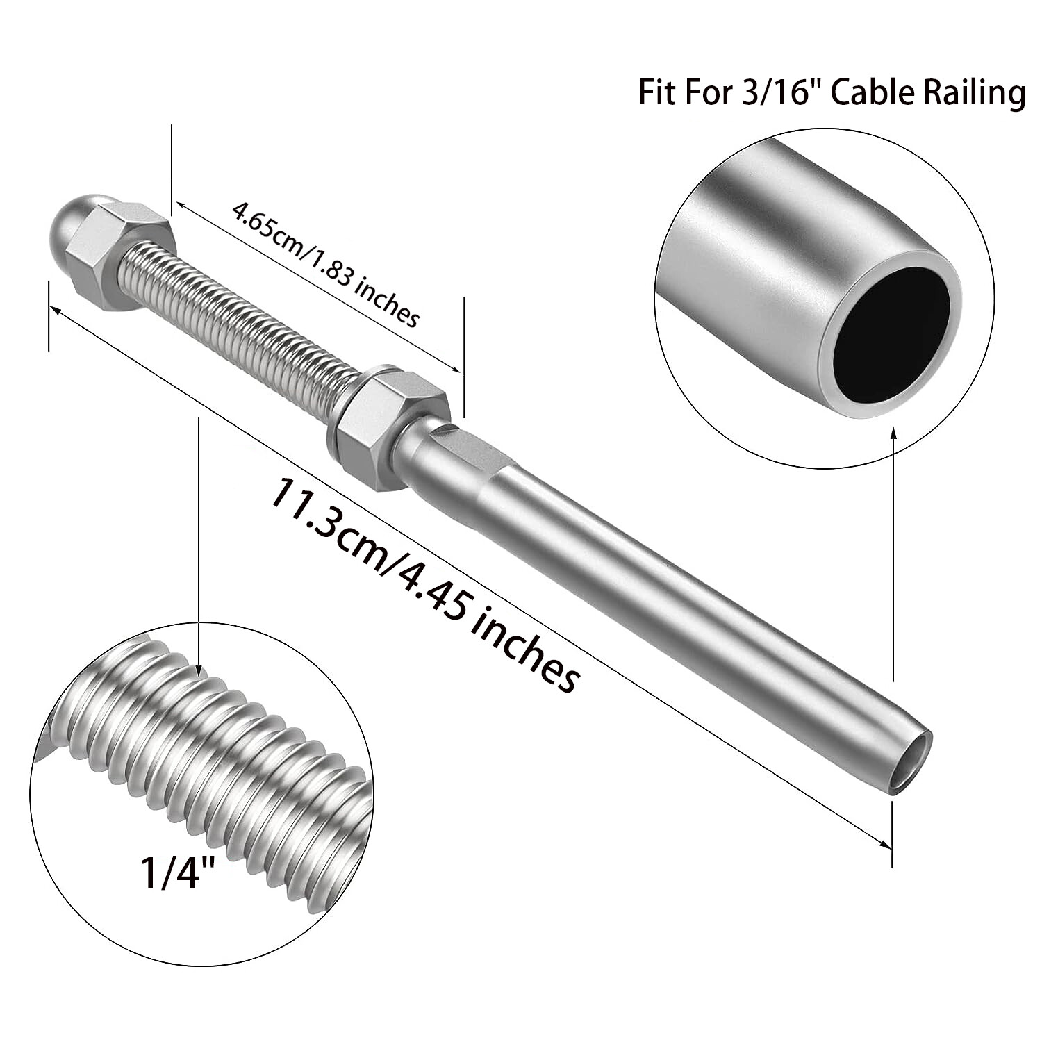 T316 Stainless Steel Swage Threaded Tensioner End Fittings 3/16" Cable Railing