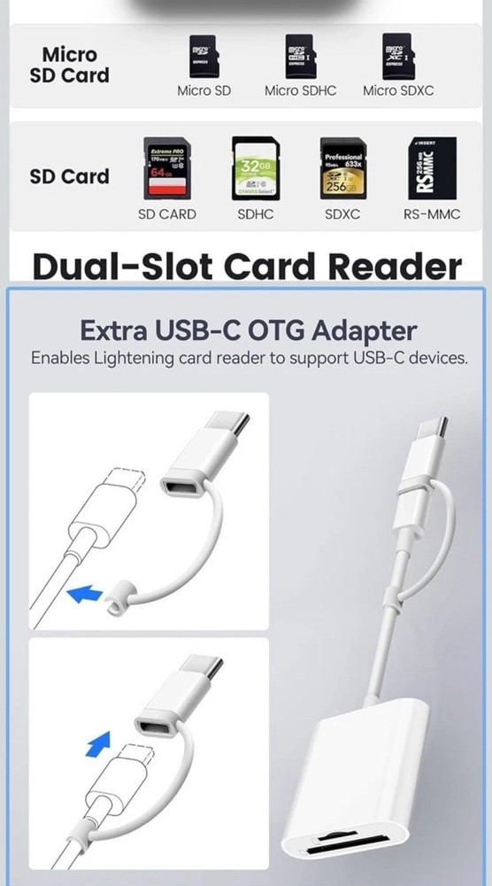 SD Card Reader for iPhone iPad, &USB-C Dual Connector, Support SD/MicroSD Cards
