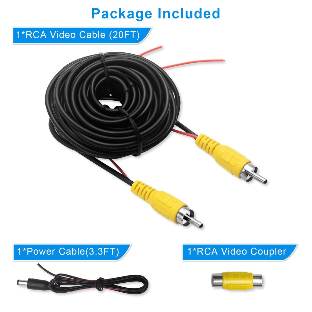 20FT RCA Video Cable Double Shielded for Car Backup Camera with Power Cable RCA