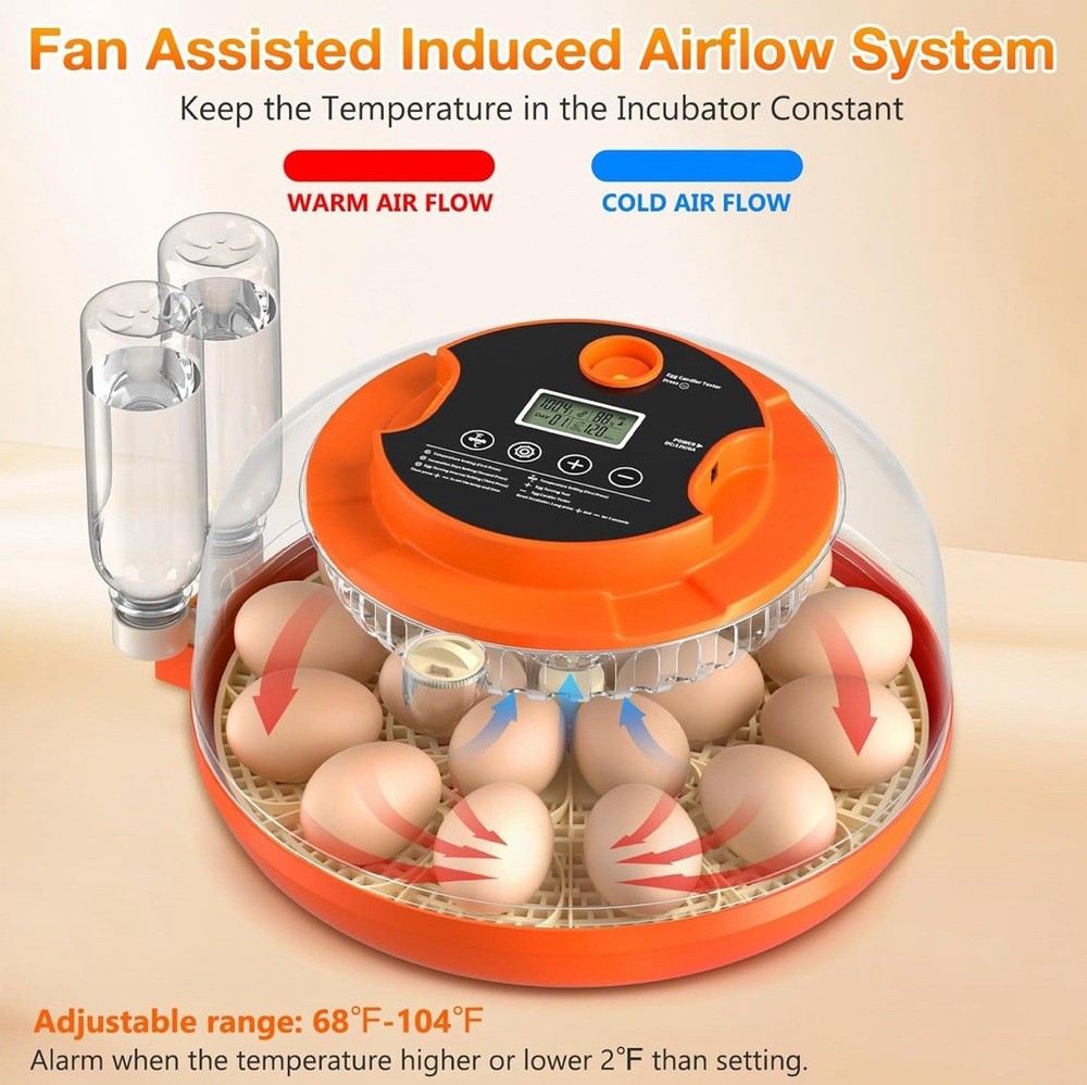 Incubator for Hatching 18 Eggs Chicken Duck Smart Temperature Humidity Control