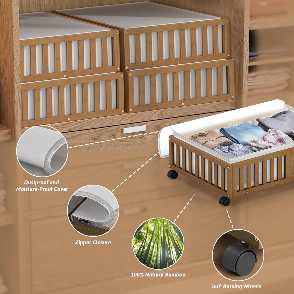 Under Bed Storage Containers with Wheels, 2 Pack Under the Bed Shoe Storage B...