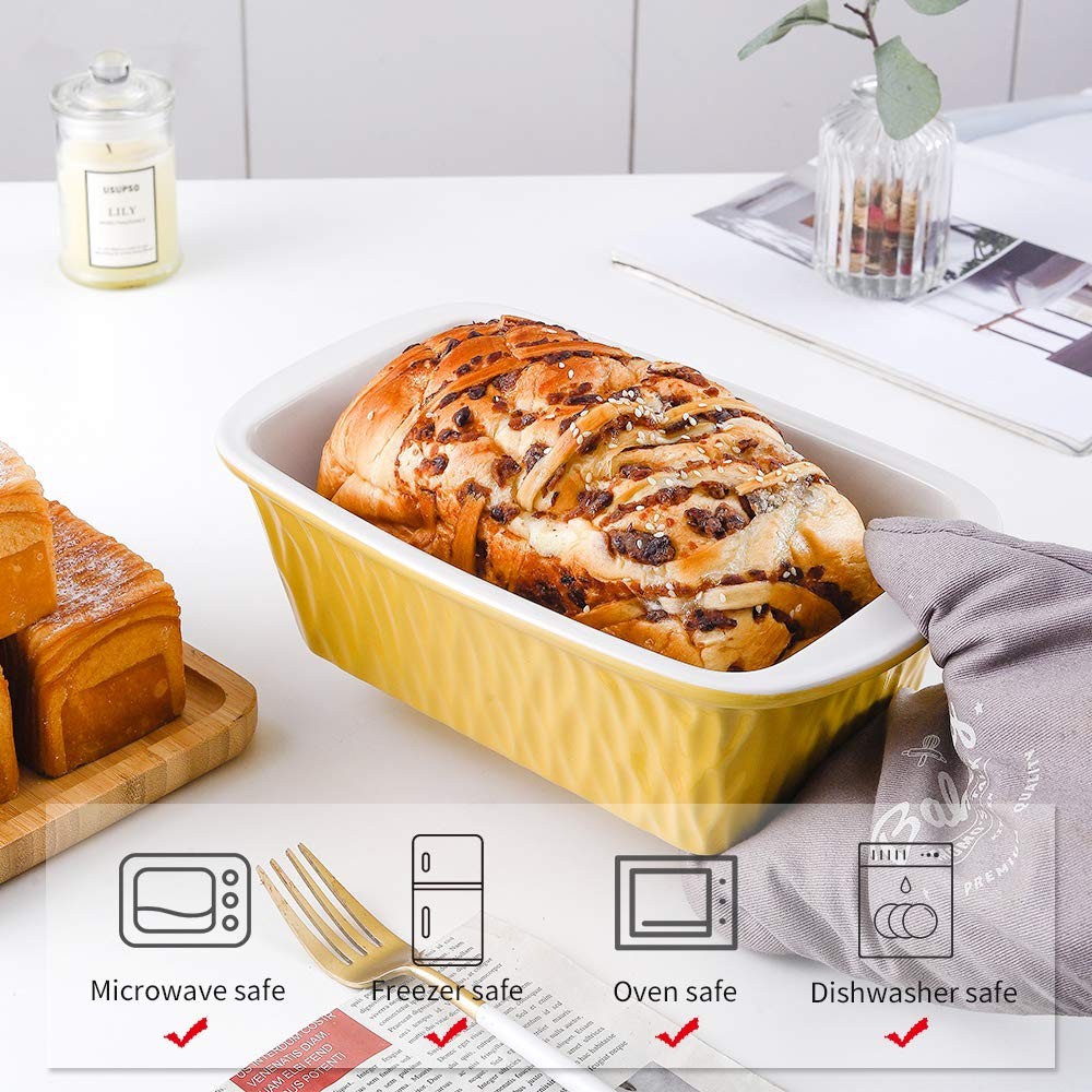 9 x 5 inch Yellow Ceramic Loaf Pan, Rectangular, Bread Baking, Texture Series