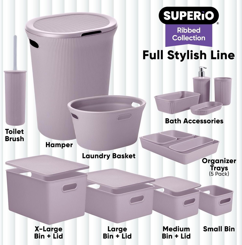 Superio 5L Small Ribbed Storage Bin- Plastic Storage Bin (2 Pack, Lilac)