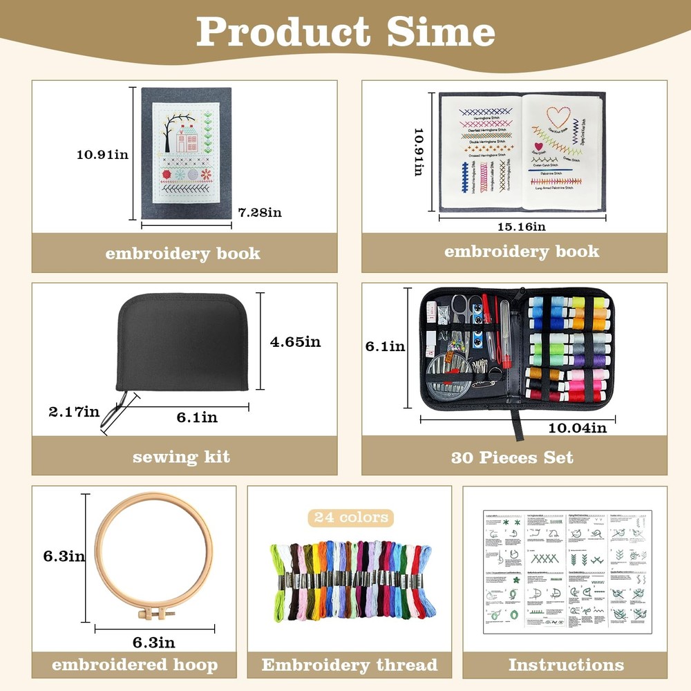 Portable Embroidery Kit 106 Patterns w/ Tools 86pc Sewing Set Beginner DIY