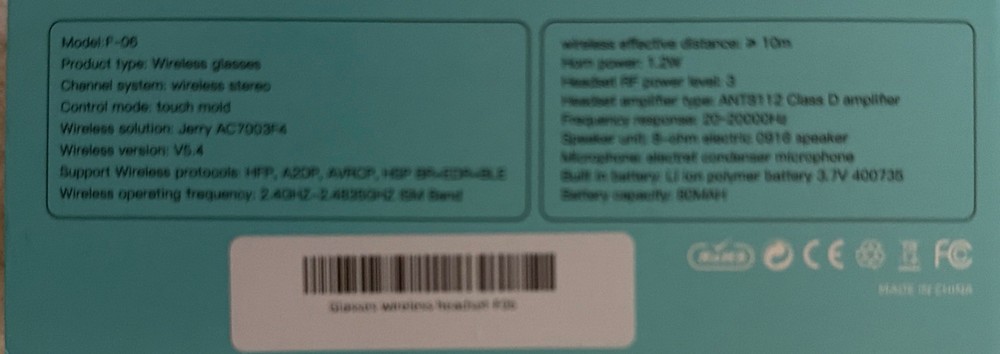 Glasses, Wireless Headset F-6