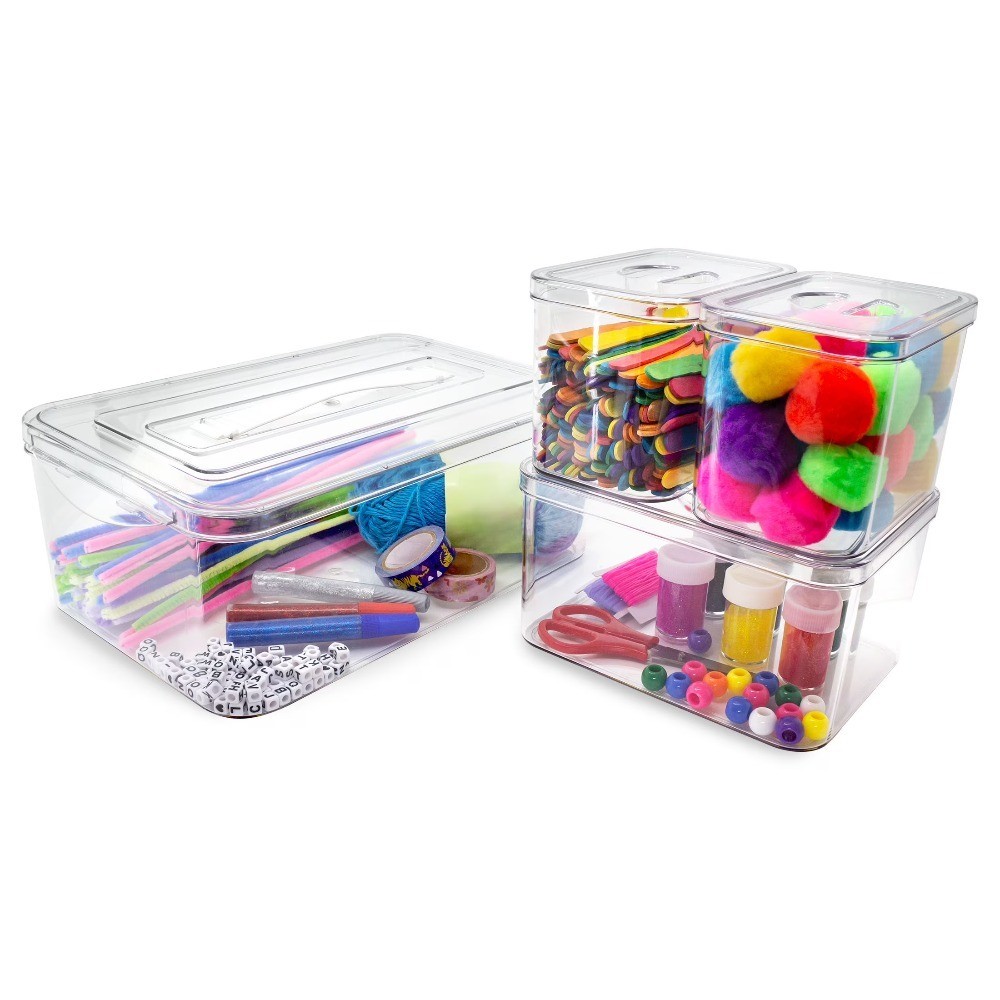 Stackable & Nesting 4 Piece Plastic Organizing Storage Bins for Arts & Craft,