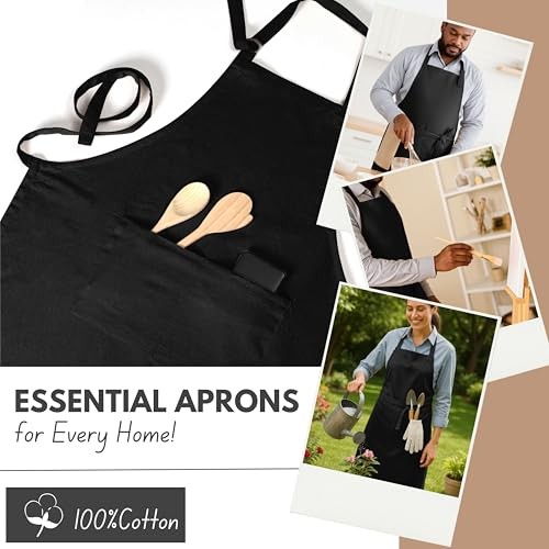 Kitchen Apron 2 Pack - 100% Cotton Adjustable, Durable Apron with Black