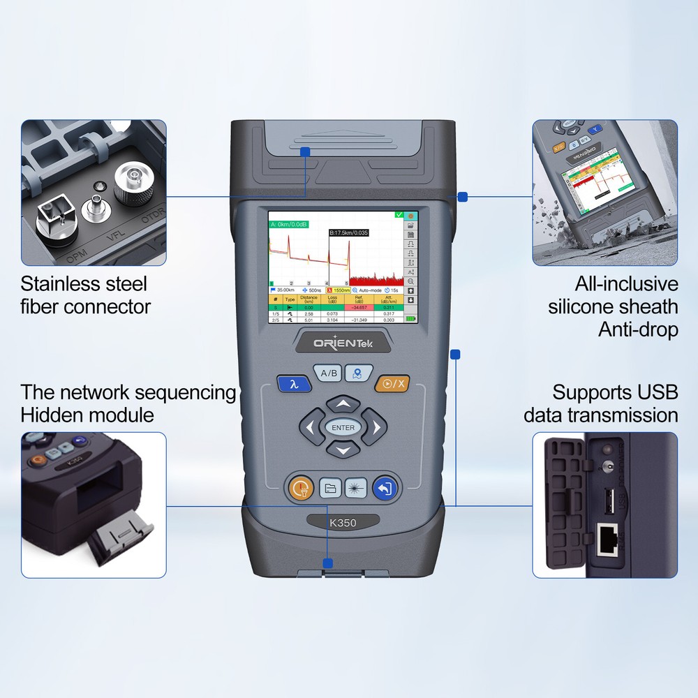 OTDR Tester OrienTek K350 SM 32/30dB 1:32 Spliters 128KM W/Link Map Function