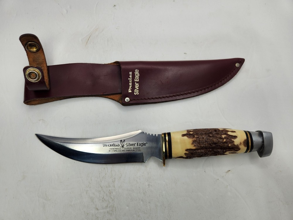 Vtg 10325 Precise Silver Eagle Handmade Fixed Blade Stag Handle Knife w/Sheath