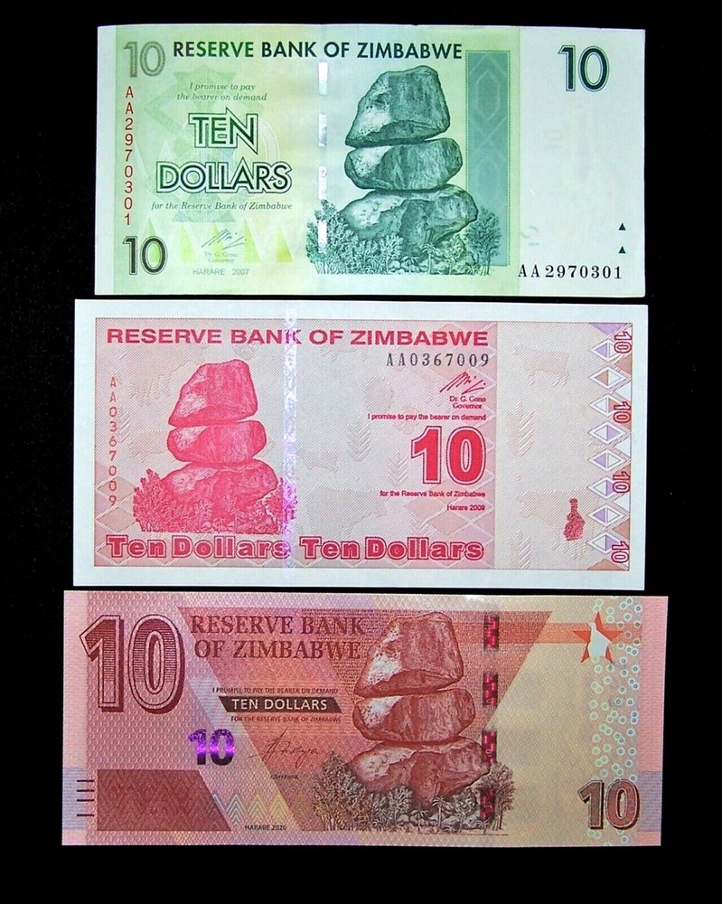 3 Zimbabwe 10 dollar banknotes-2007/2009/2020 issue dates - Uncirculated