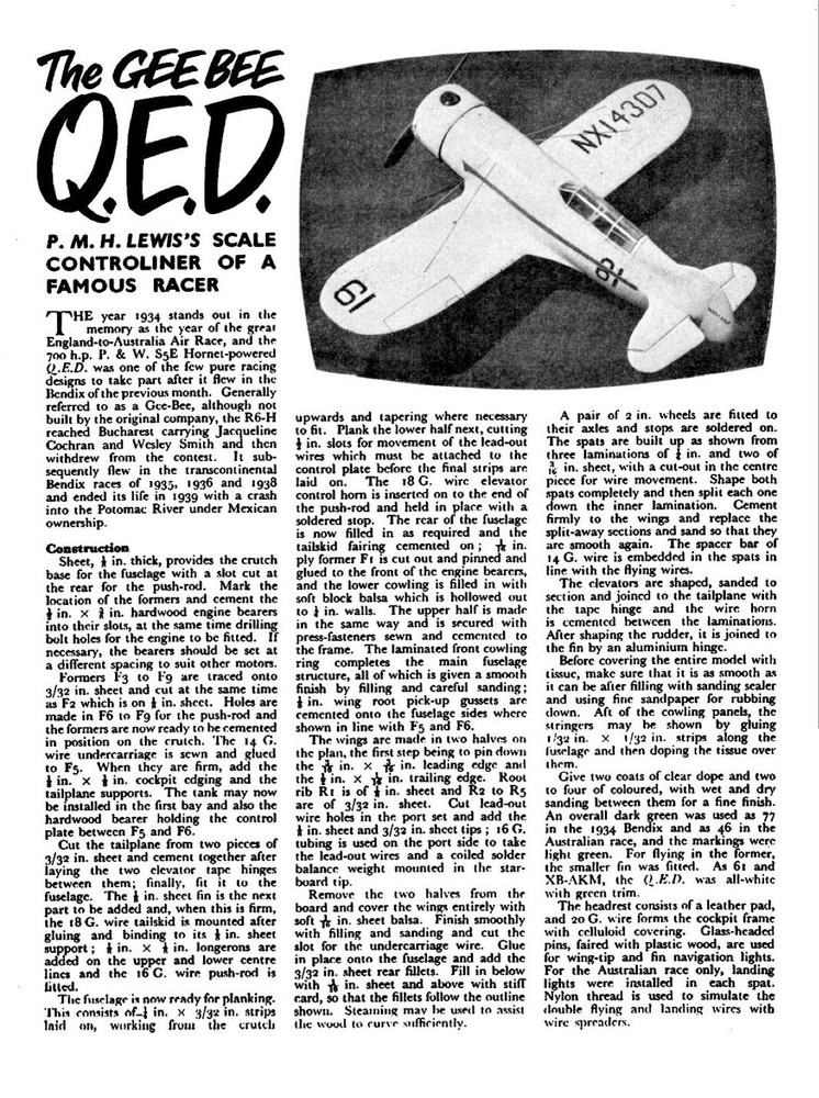Model Airplane Plans (UC): Gee Bee QED Scale 24½" Wingspan