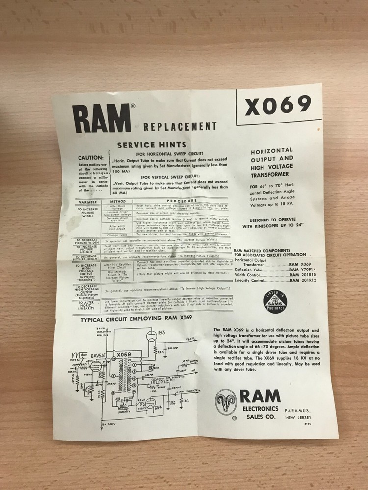 RAM Television Components X069 Horizontal Output Transformer - NOS