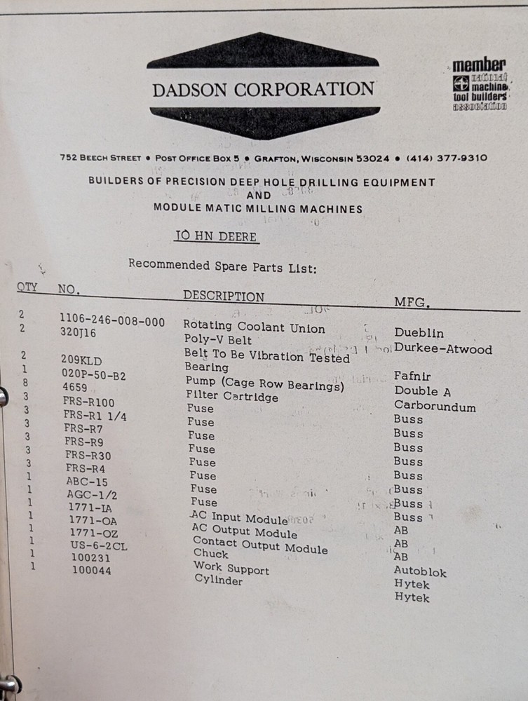 Dadson Corp. Deep Hole Drilling Equipment, Coolant Systems & Machine Tool Manual