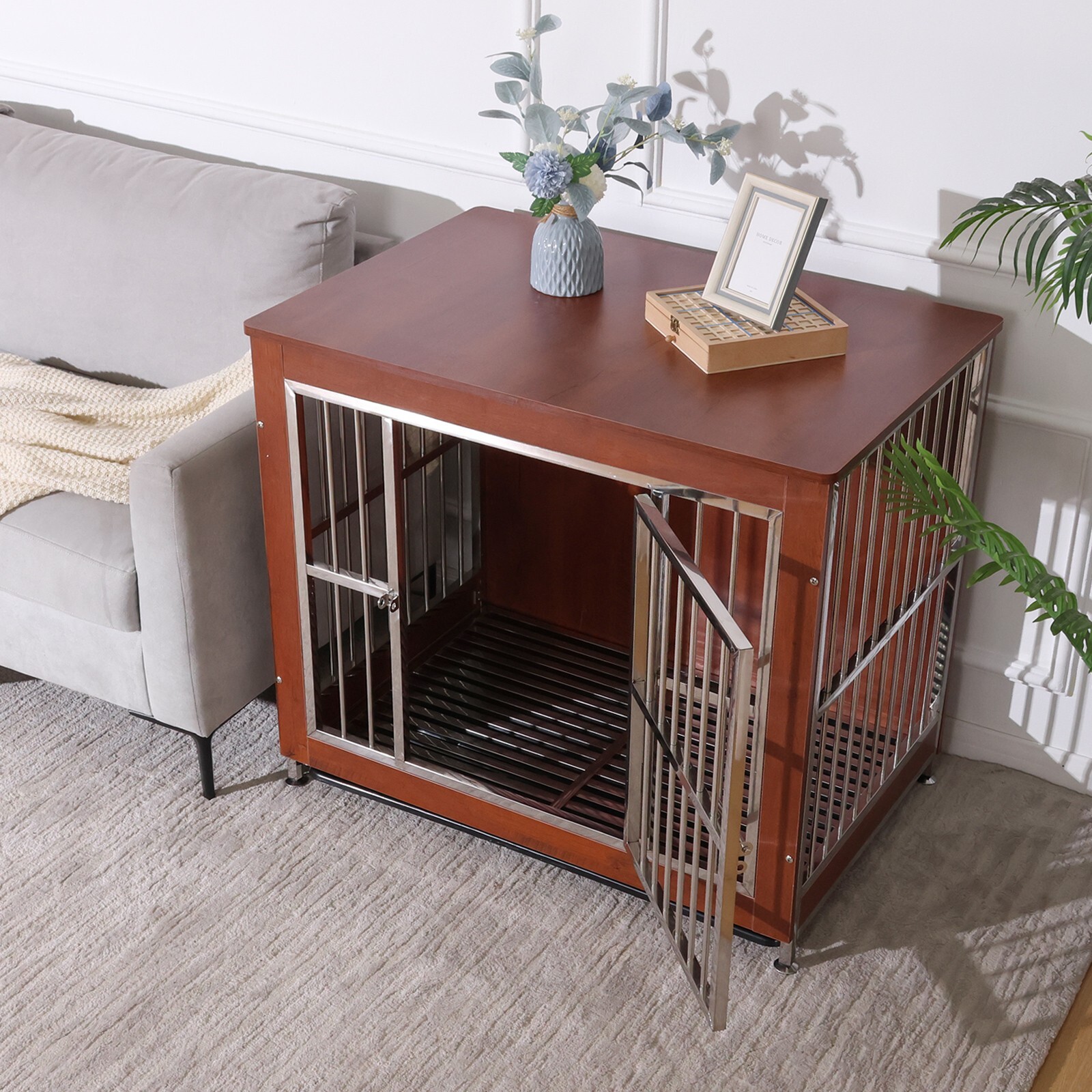 38" Wooden Dog Cage Heavy Duty Pet Crate Kennel Metal Cage End Table Furniture