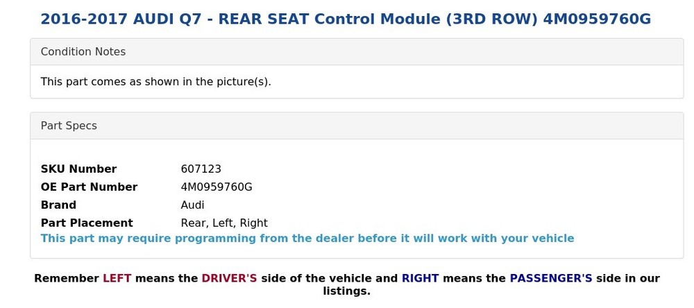 2016-2017 AUDI Q7 - REAR SEAT Control Module (3RD ROW) 4M0959760G