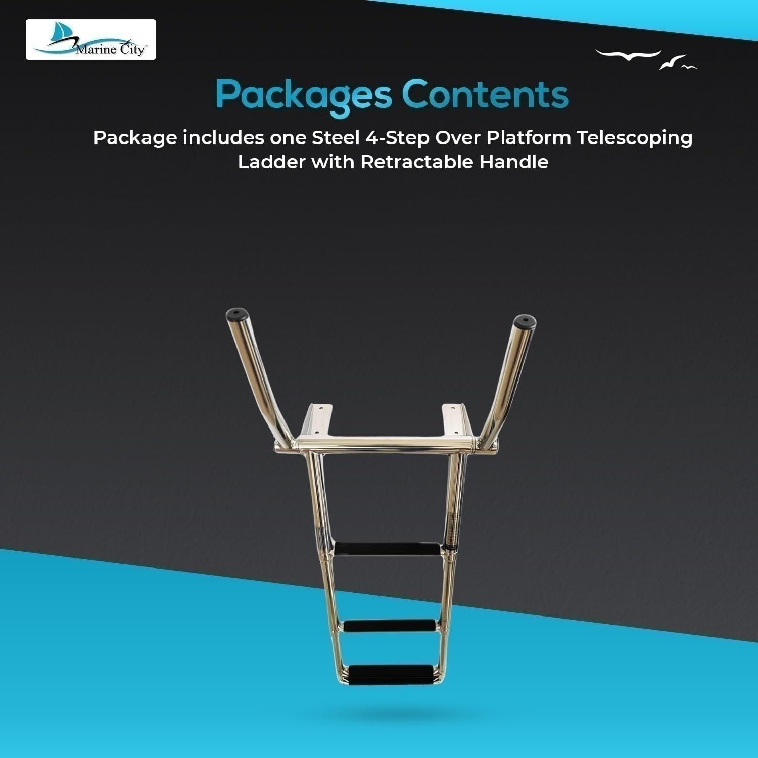 MARINE CITY 4 Step 316 Stainless Steel Telescoping Ladder w/ Handle for Boats