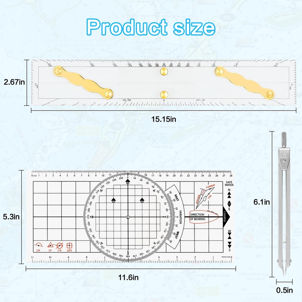 3 Pcs Basic Navigation Set,Including 15inch Parallel Ruler with Brass Arms, N...