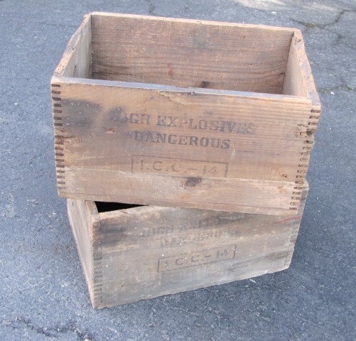a Pair (2) Antique DUPONT 25lb Red Cross DYNAMITE BOXES High Explosives CRATES