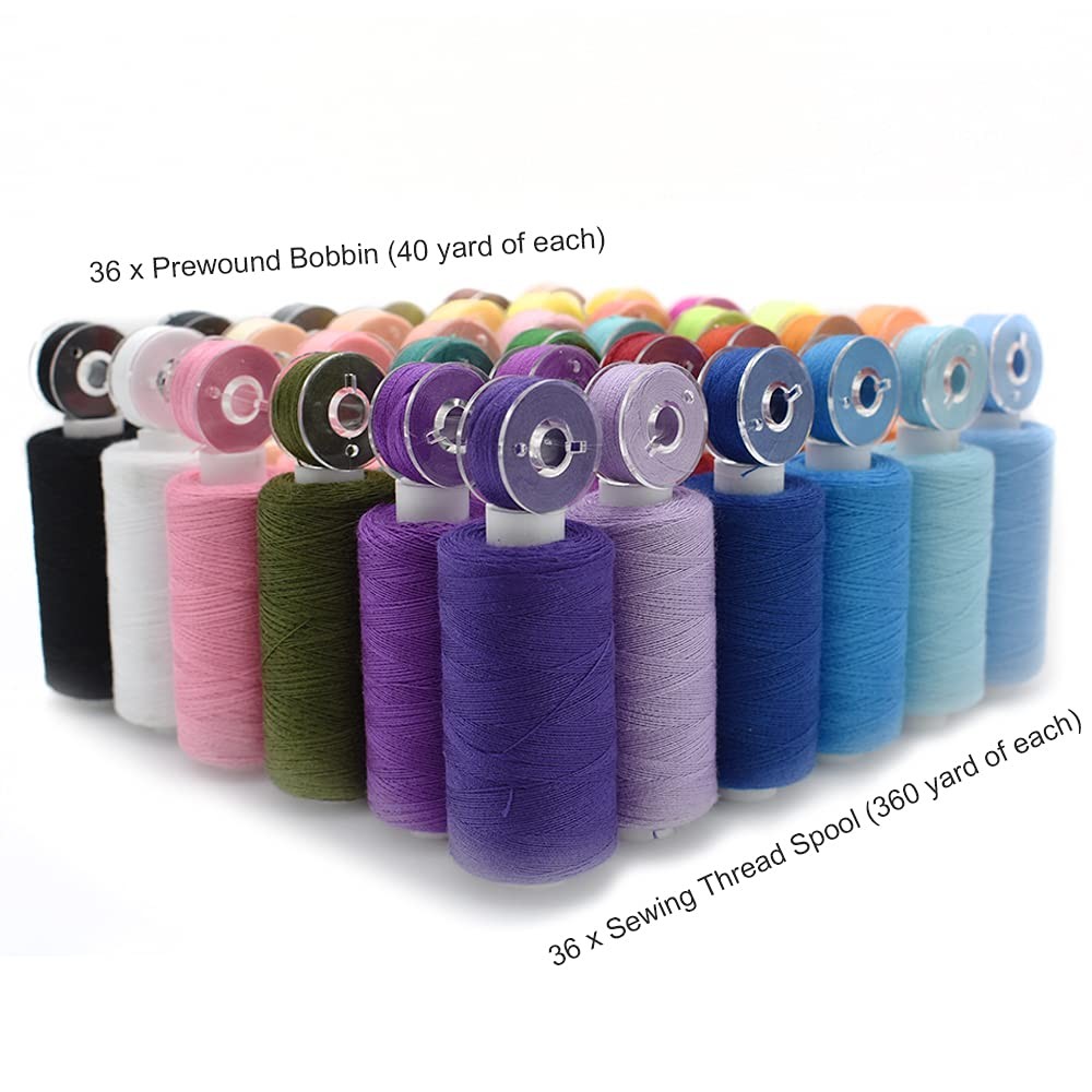 72 PCS Bobbins Sewing Threads Kit 36 Colors Spools, Polyester Prewound Case Set