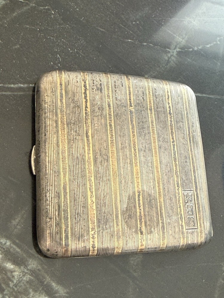Solid Sterling Silver & 14K Gold Inlay Antique Cigarette Case 90 Grams