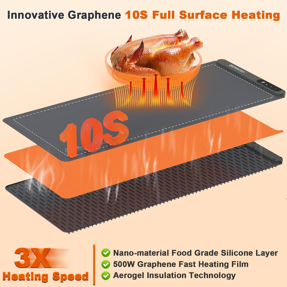 Extra Large Graphene Food Warming Mat - 6 Temp Settings & Timer, Portable Use