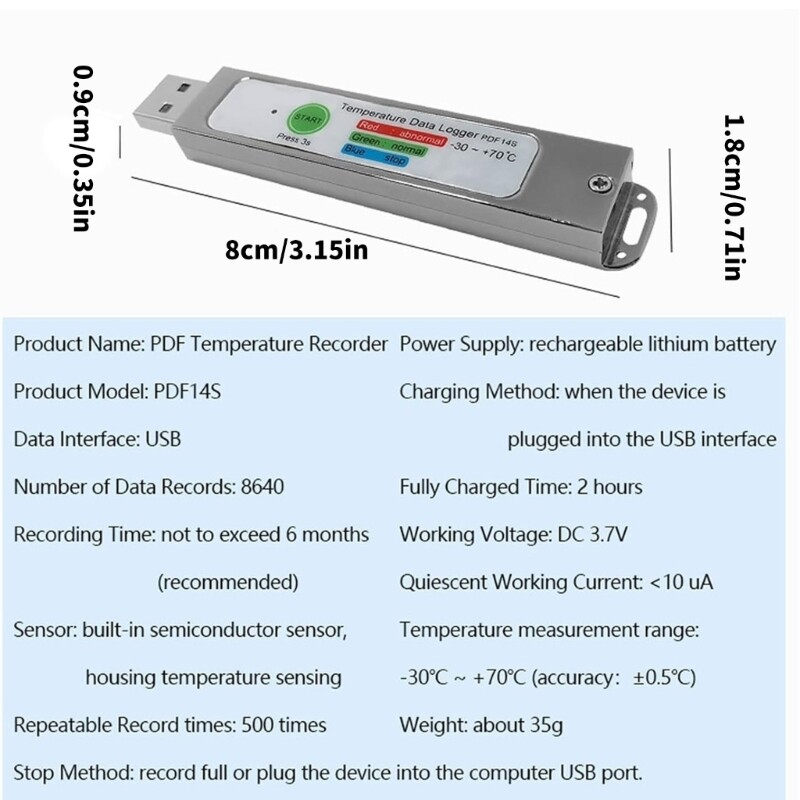 Temperature Data Logger PDF Report Rechargable 8640 Points Temperature Recorder