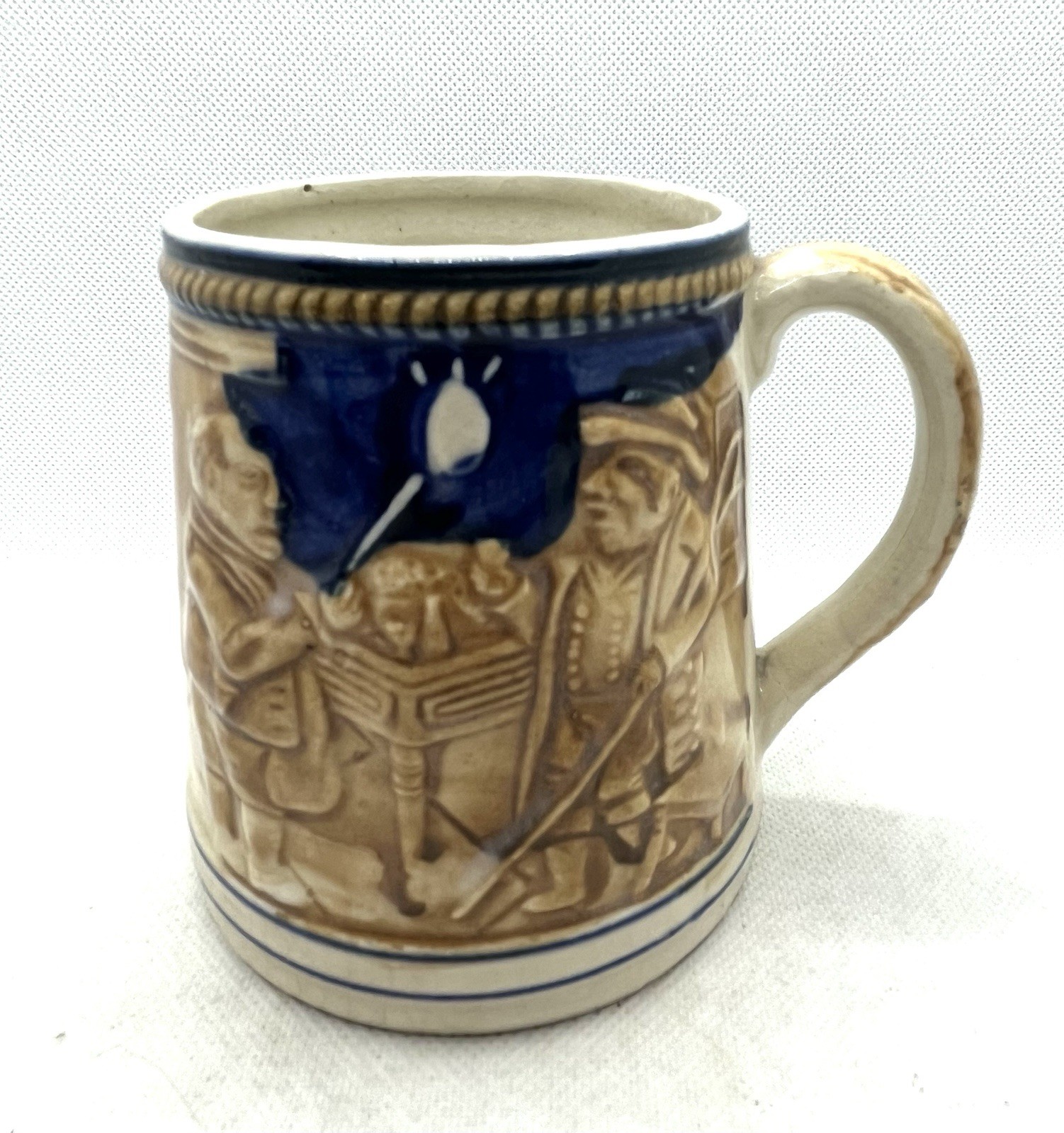 Vintage Ceramic Beer Mugs Cobalt Blue 2 Men In Tavern Scene & Wheat Japan 4”