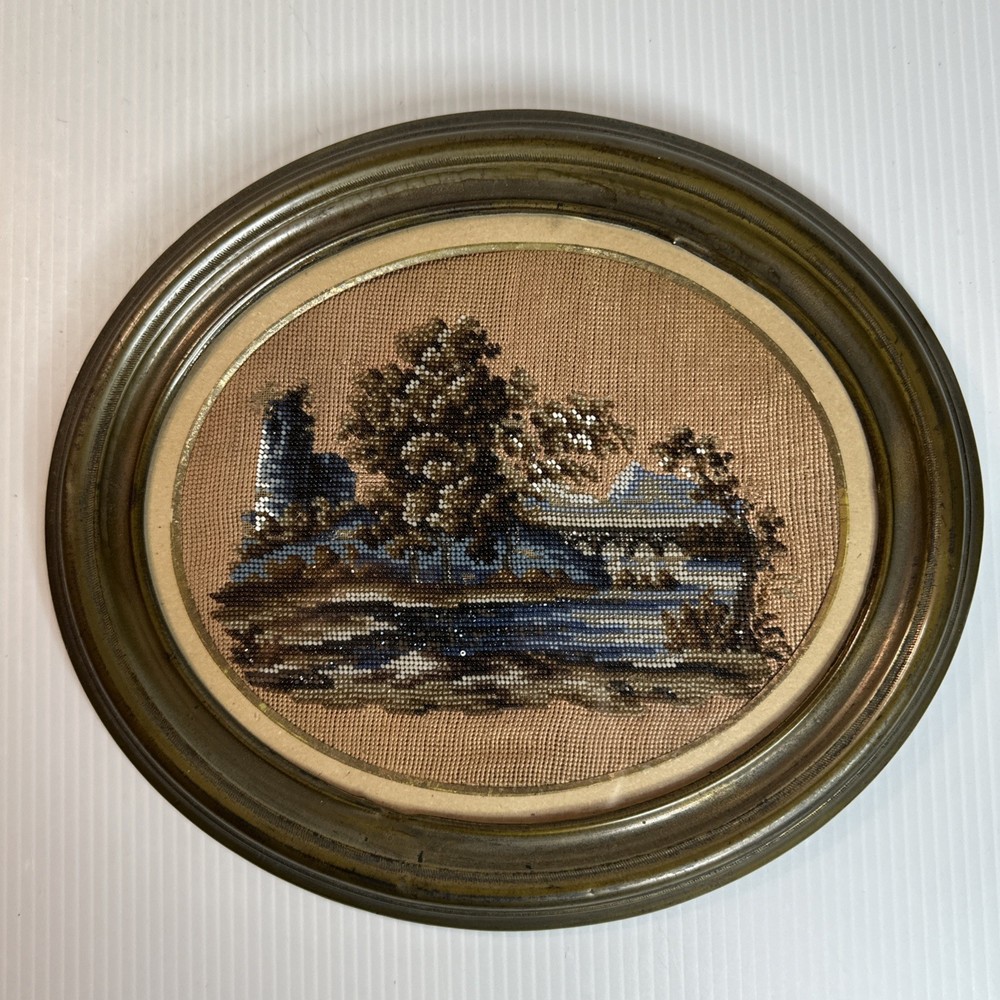 Vtg Beaded Embroidery Art Framed Oval