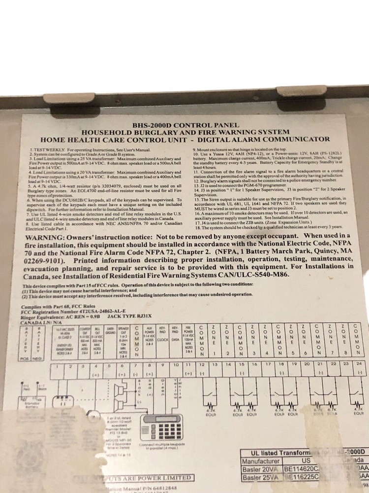 Brinks BHS-2000D Control Panel Home Security Enclosure