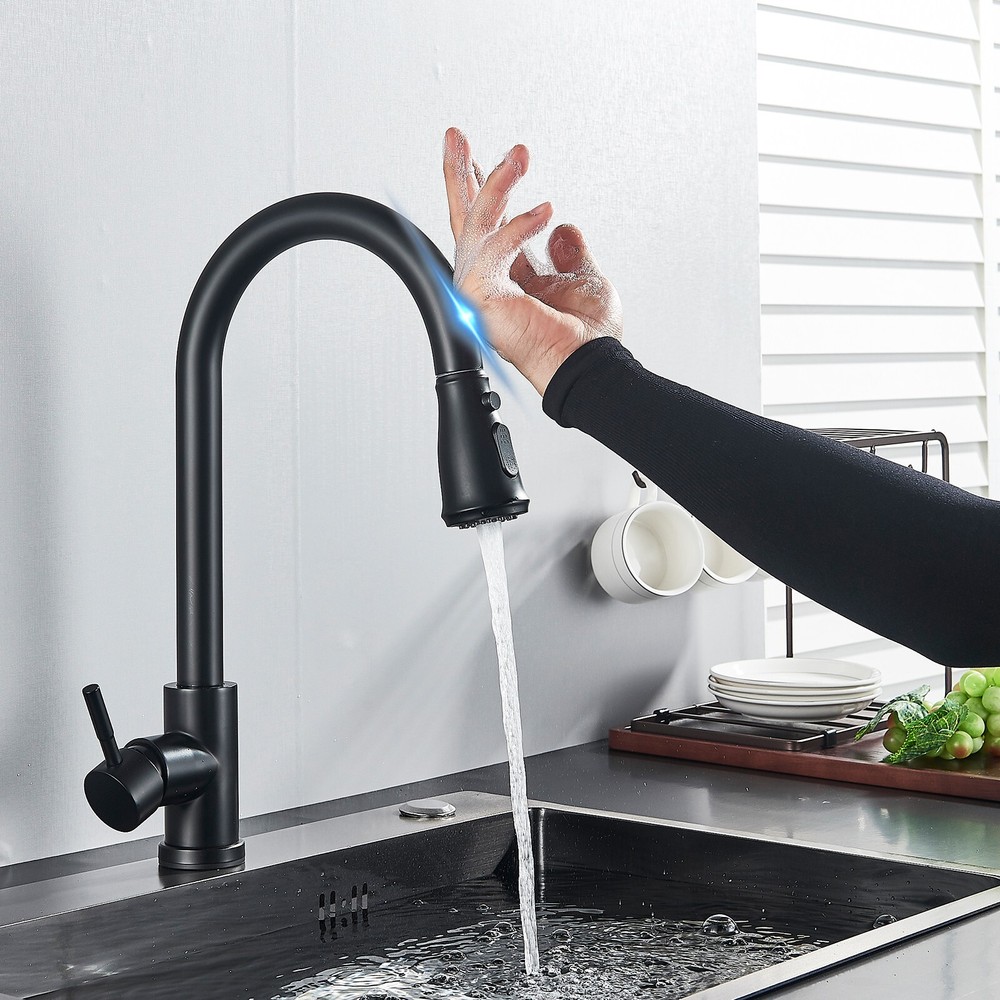 Touch Sensor Kitchen Sink Faucet Pull Down Sprayer Matte Black Single Hand Taps