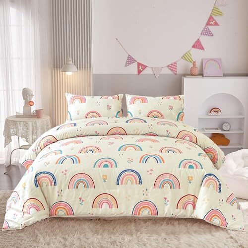 Lightweight Soft 3 Piece Rainbow Comforter Set with 2 Pillow Queen Multicolor