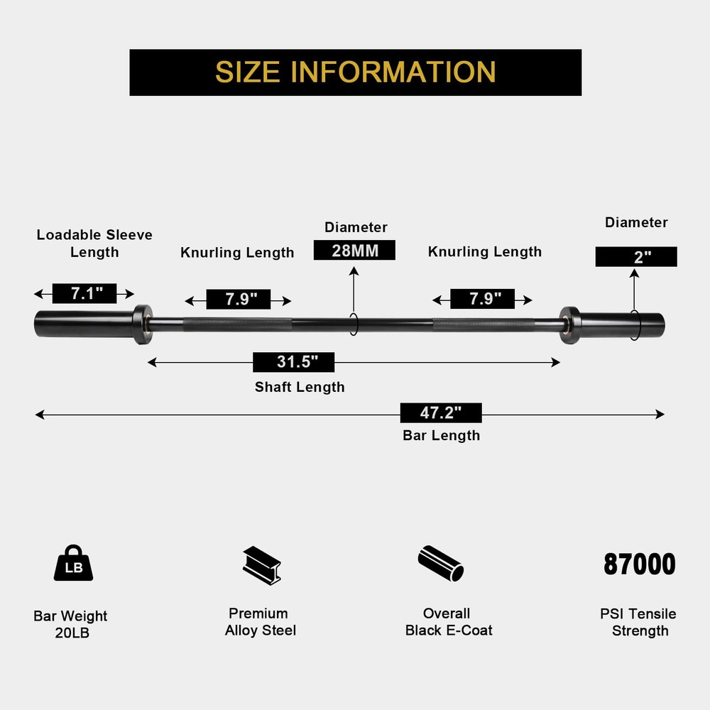 Premium 4ft Barbell (Black E-coating, 4FT, 500LBS)