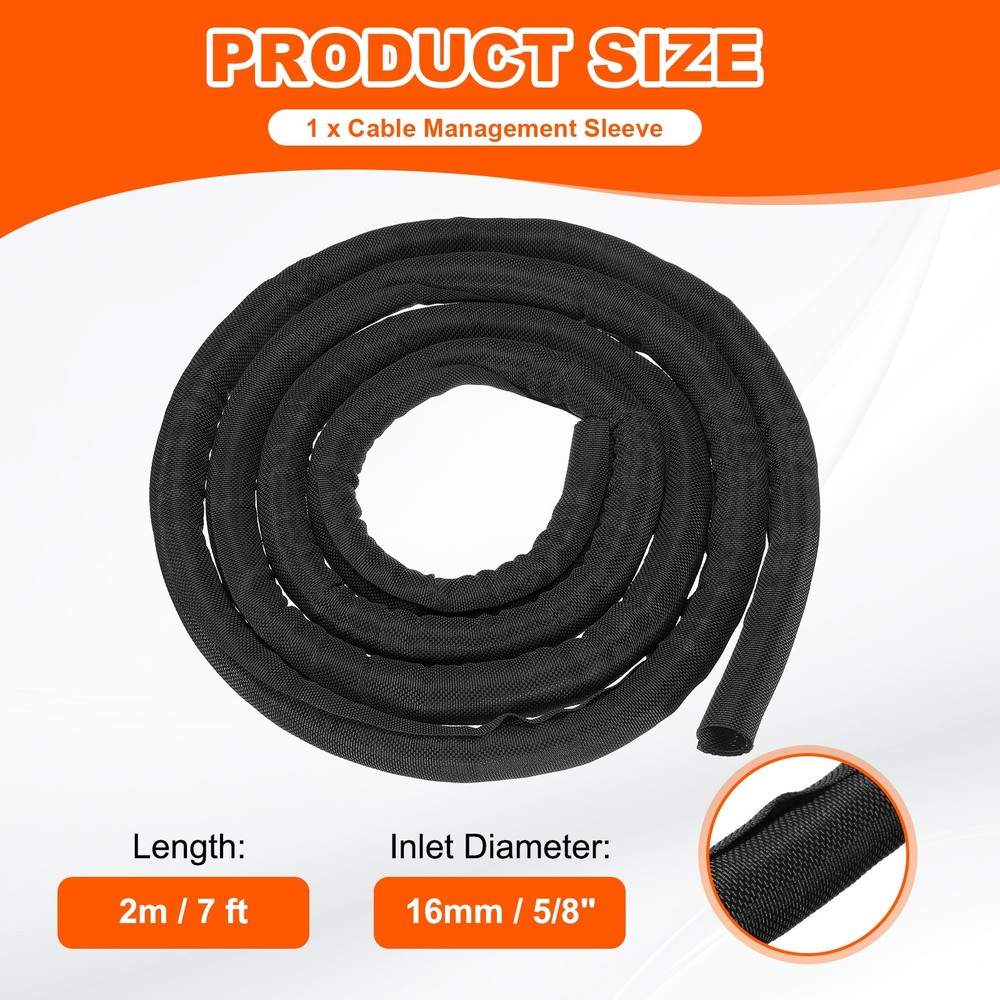 Wire Split Braided Cable Management Sleeve, Black (5/8" - 7 Feet)