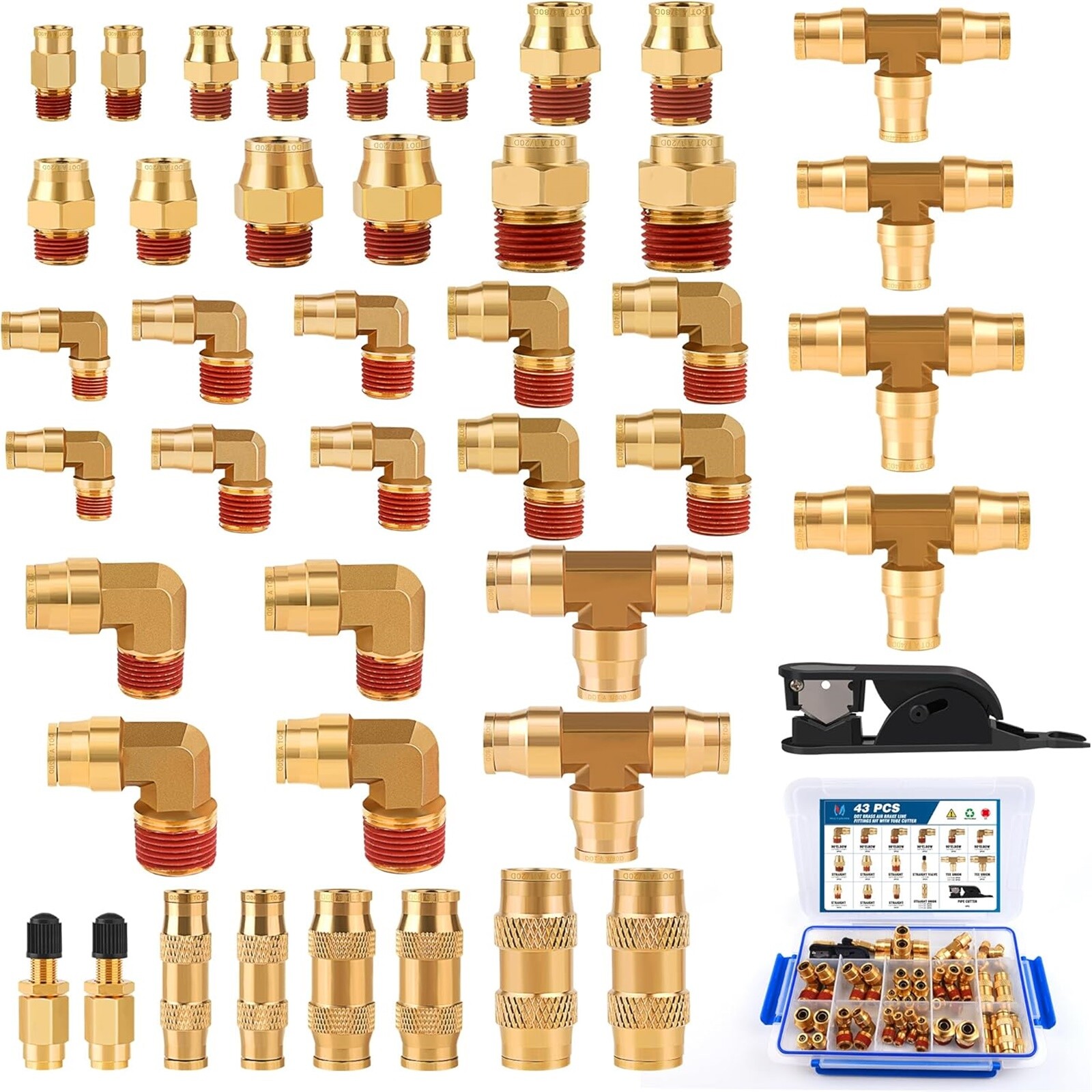 43 Pcs Brass DOT Air Line Fittings Kit Push Lock Air Fittings Push to Connect
