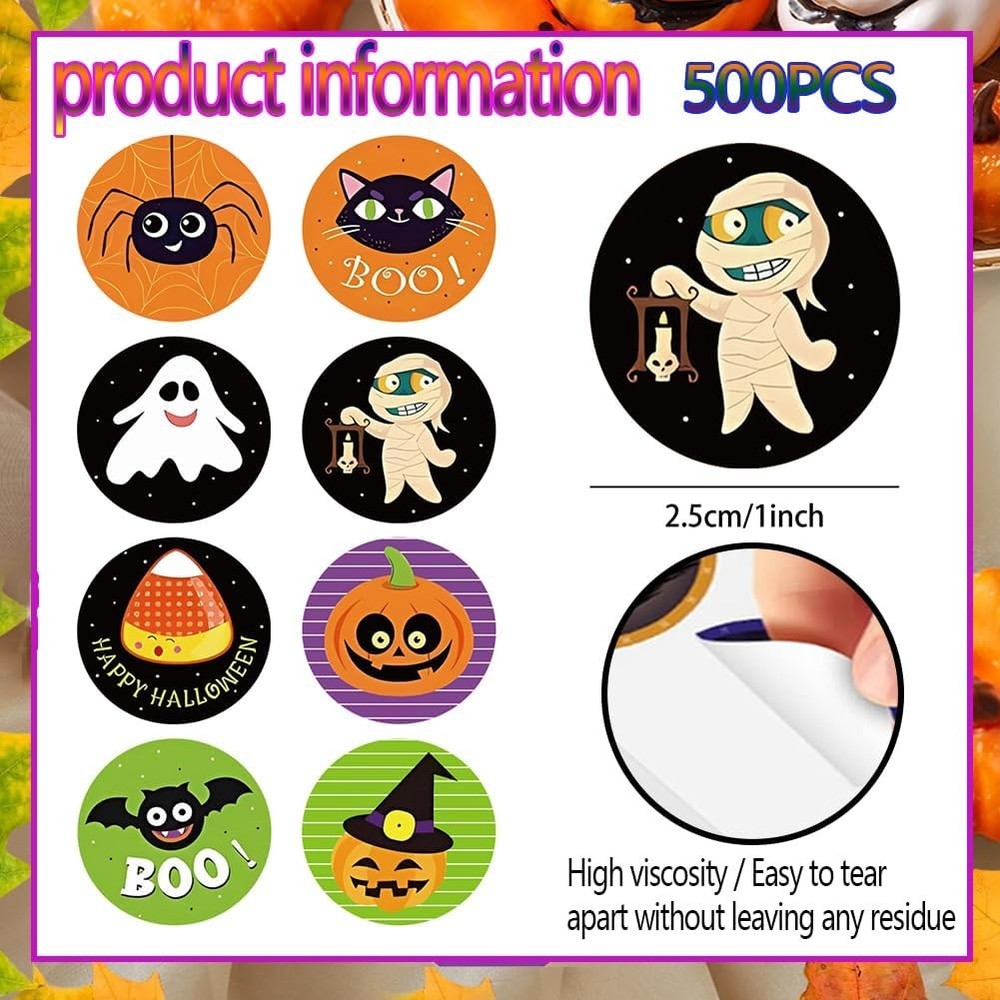 500 PCS Halloween Stickers Roll Pumpkin Halloween- Ghost