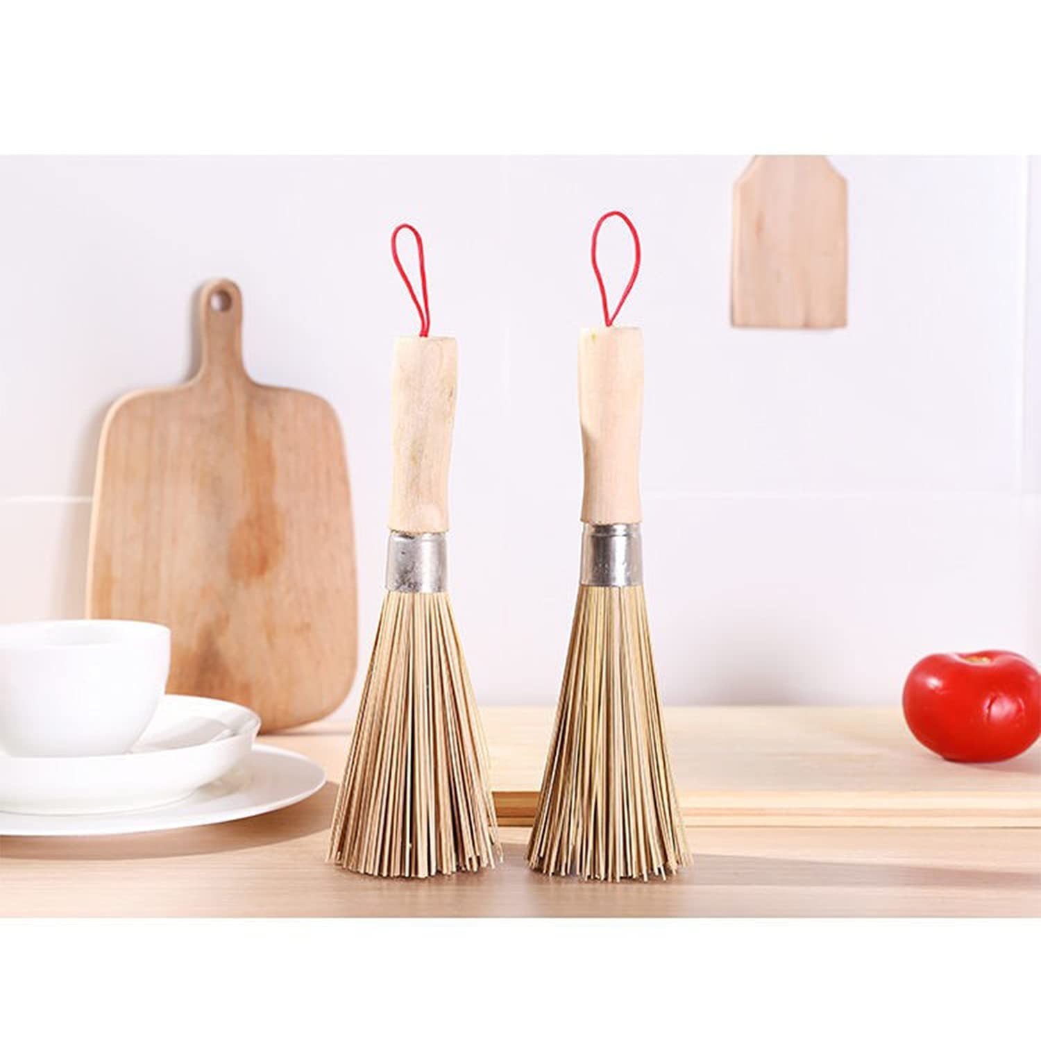 2Pack Traditional Natural Bamboo Wok Brushes, Kitchen Cleaning Brush, Brown