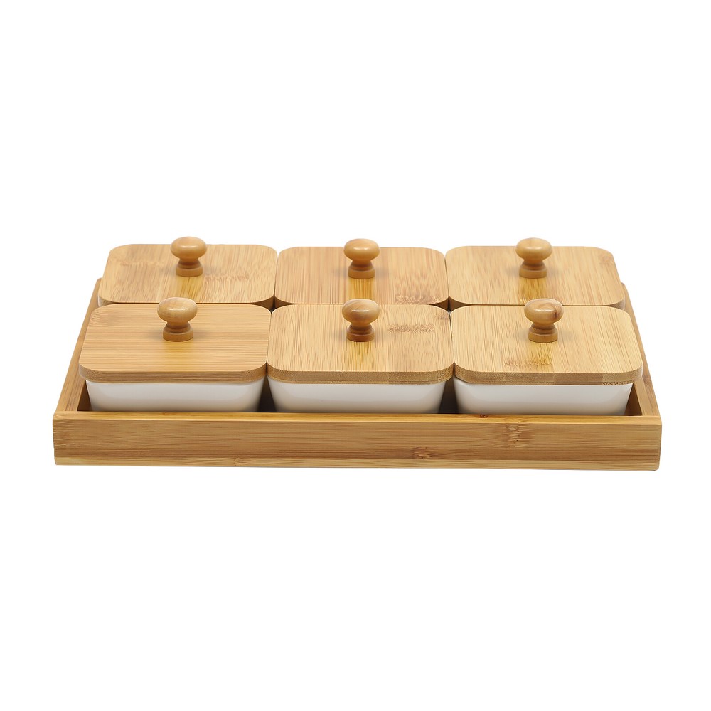 Ceramic Snack Serving Tray Set with Bamboo Lids - 6 Piece Platter
