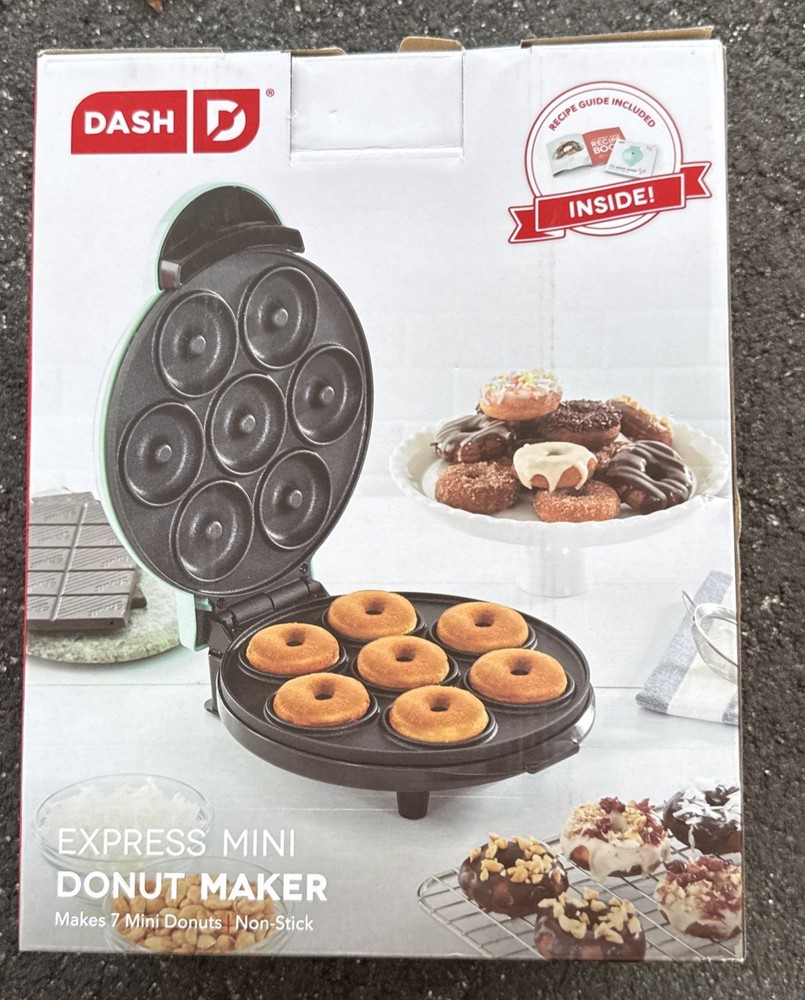 Dash Express Mini Donut Maker – Aqua – 7-Cavity Nonstick Doughnut Maker-NIB