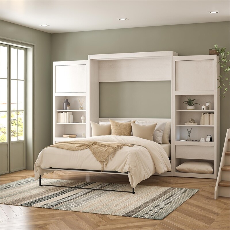 Signature Sleep Murphy Wall Bed Side Cabinet with Pullout Nightstand Ivory Oak