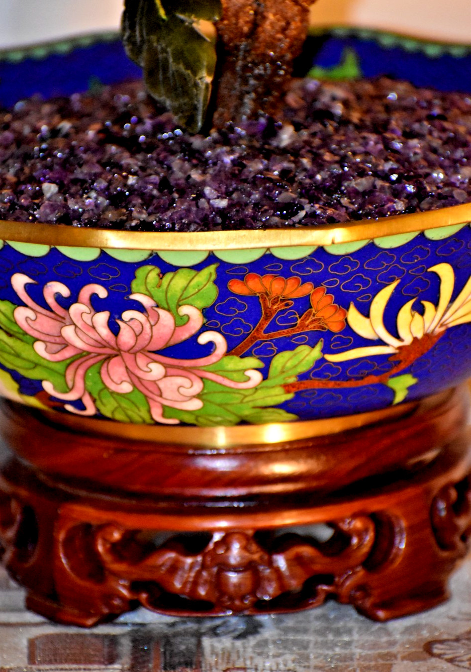 15" VINTAGE BONSAI PEKING JADE TREE IN 8" BLUE CLOISONNE BOWL W/SOLID EBONY BASE